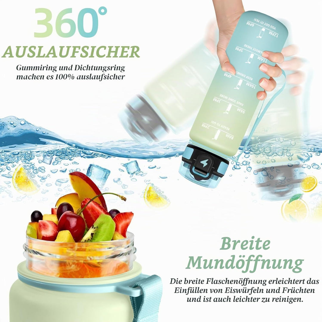 HoneyHolly Trinkflasche 1L, Auslaufsicher mit Zeitmarkierung, Wasserflasche, Sportflasche mit Filter