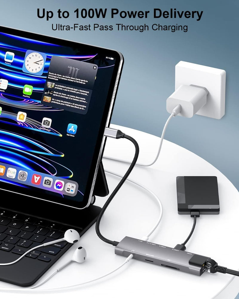 USB C Hub 9 in 1 Multiport Adapter w/Gigabit Ethernet, 100W PD, 4K@60Hz, 2 USB 3.0, USB C 3.0 Data,