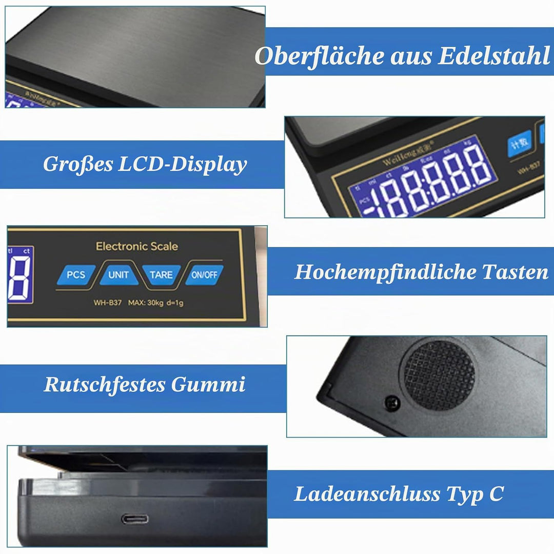 Waage Küchenwaage, Edelstahl Digitalwaage 30kg/66lb mit 9 Masseinheit, PCS Zähl, Auto Shutdown, Tara