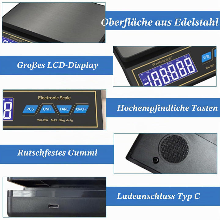 Waage Küchenwaage, Edelstahl Digitalwaage 30kg/66lb mit 9 Masseinheit, PCS Zähl, Auto Shutdown, Tara