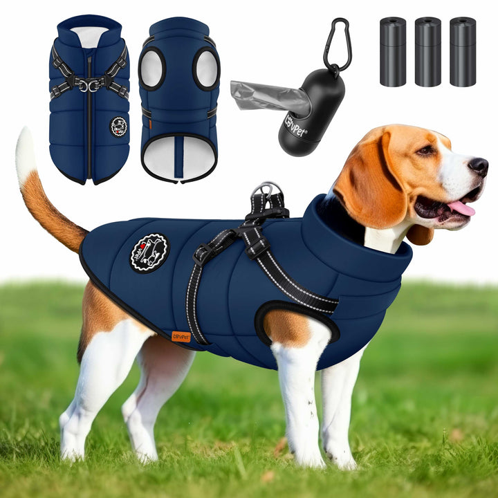 LOVPET® Hundejacke Hundemantel mit Geschirr, inkl. 45 Stück Kotbeutel + Spender, Hunde Winterweste g