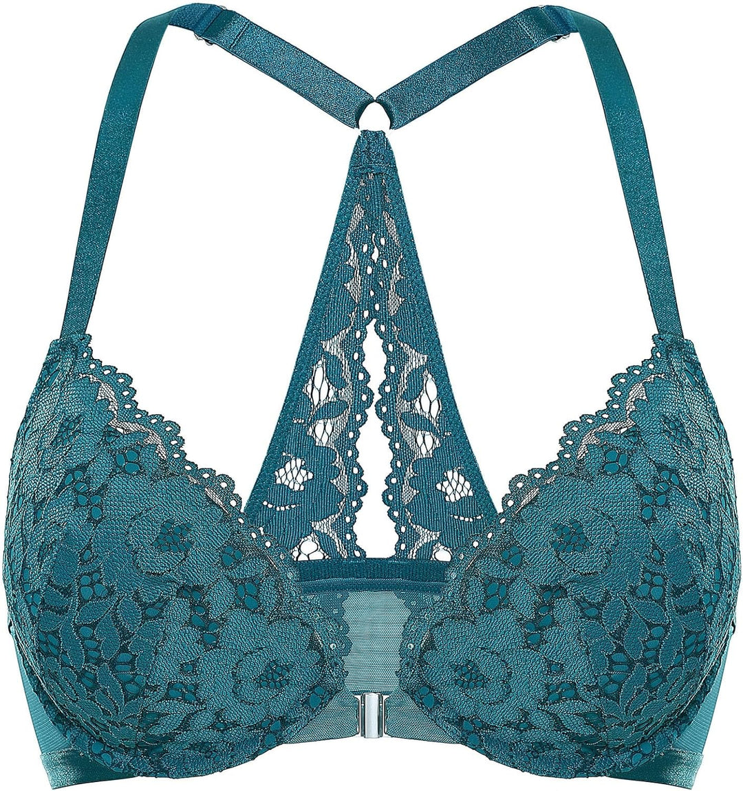 DOBREVA Damen Vorderverschluss BH mit Bügel Push Up Spitzen Neckholder BHS Racerback Tiefer Ausschni