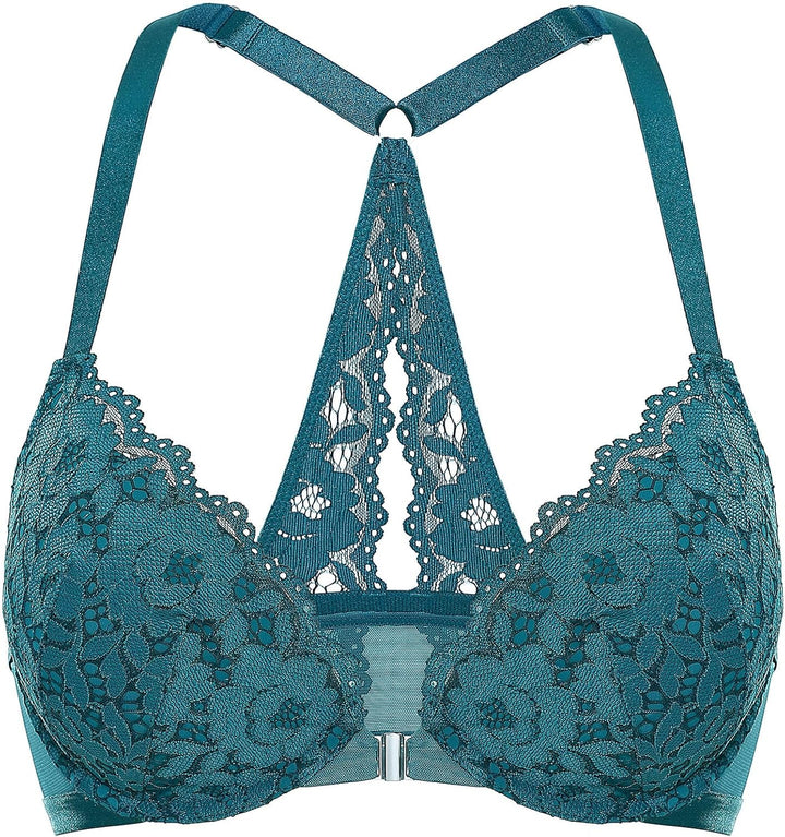 DOBREVA Damen Vorderverschluss BH mit Bügel Push Up Spitzen Neckholder BHS Racerback Tiefer Ausschni