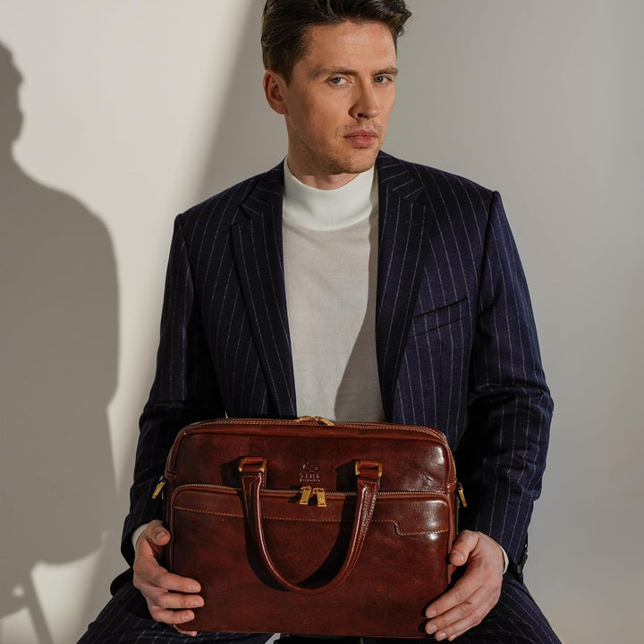 Time Resistance Aktentasche Leder Laptoptasche mit Schultergurt - Handgefertigt in Italien - Arbeits