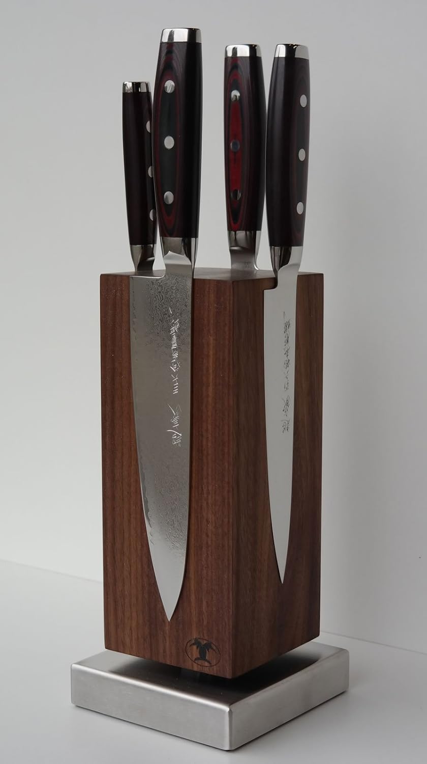 Blockwerk Magnet Messerblock"Monolith" Nussbaum + 4 Super Gou 161 Damastmesser + Messerschärfer MINO