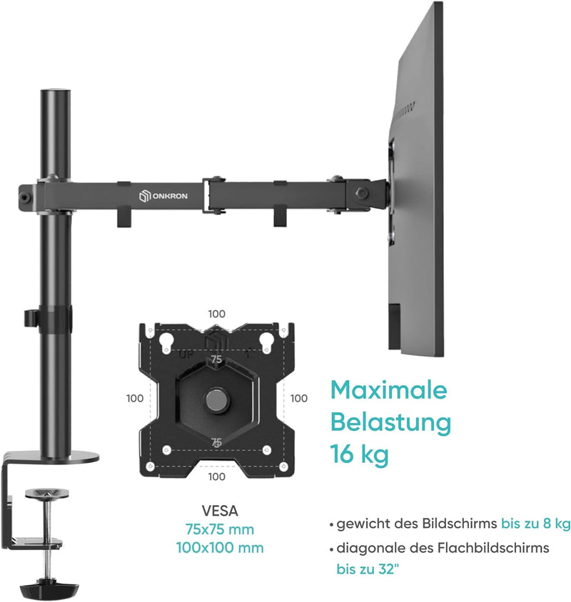 ONKRON Zweiarm Monitor Halterung für 13-32 Zoll Flach&Curved Bildschirm, Tischhalterung Höhenverstel