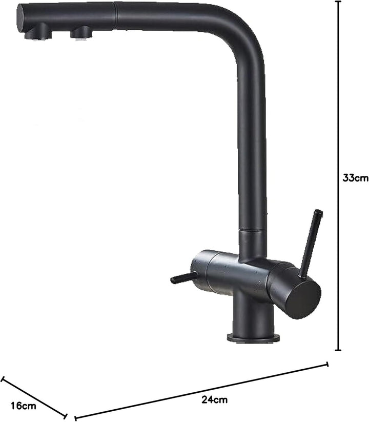 Felix | 3 Wege Premium Schwarz matt ausziehbare Armatur | Edelstahl Osmose Wasserhahn Küche |Mischba