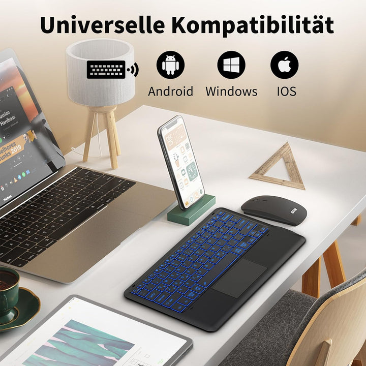 EasyAcc Beleuchtete Bluetooth Tastatur mit Touchpad, Ultraleichtes QWERTZ Tastatur, Kabellose Tastat