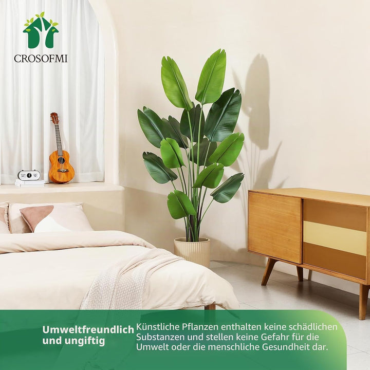 CROSOFMI Künstliche Paradiesvogel Pflanze 180cm künstliche Tropische Palme mit 13 Blättern perfekte