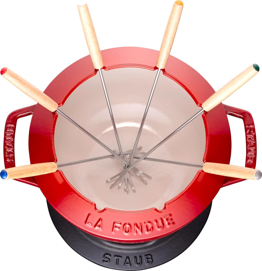 STAUB Fondue Set mit 6 Gabeln, Geeignet für Käse- Schoko- und Fleisch-Fondue, Gusseisen, 20 cm, Kirs