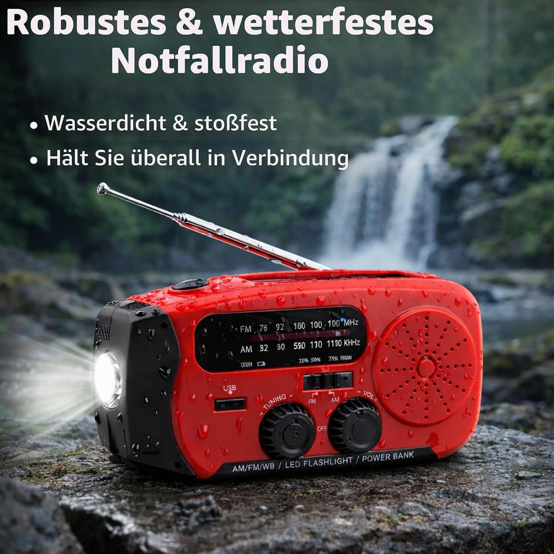 Kurbelradio Notfallradio Solarradio AM/FM, Powerbank 2000mAh, LED Taschenlampe, SOS-Alarm, USB-C, Ha