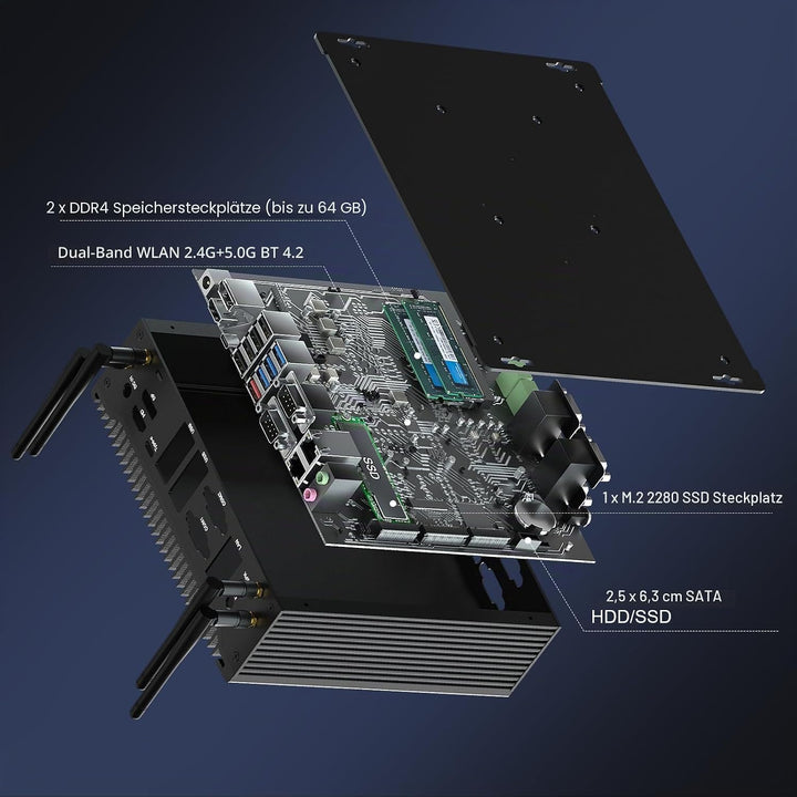 HISTTON Lüfterlos Mini PC Core i5-10210U, 16GB RAM 512GB M.2 SSD, Industrie PC mit 6 RS232 COM, HD+D