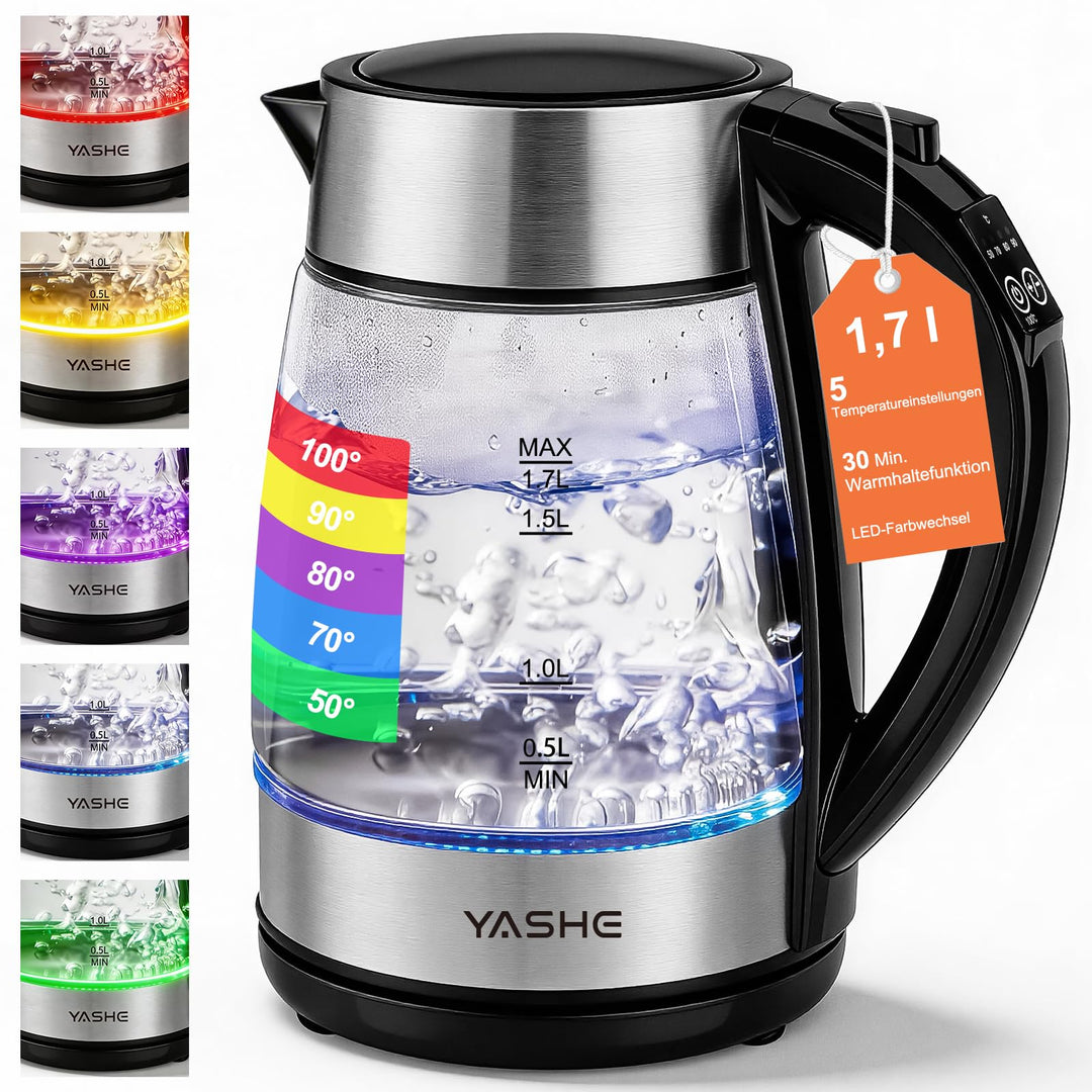 YASHE Wasserkocher mit Temperaturwahl 1,7L, 2200W Schneller Elektrischer Wasserkocher Glaswasserkoch