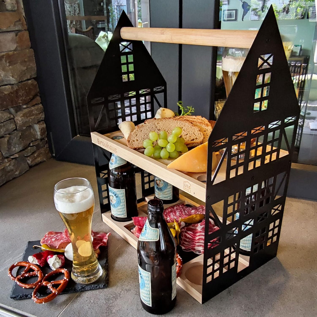 UNUS HOME Etagere Brauhaus, 2 Etagen mit Griff, für Bier, Snacks, Wurst und Käse mit 4 Flaschenhalte