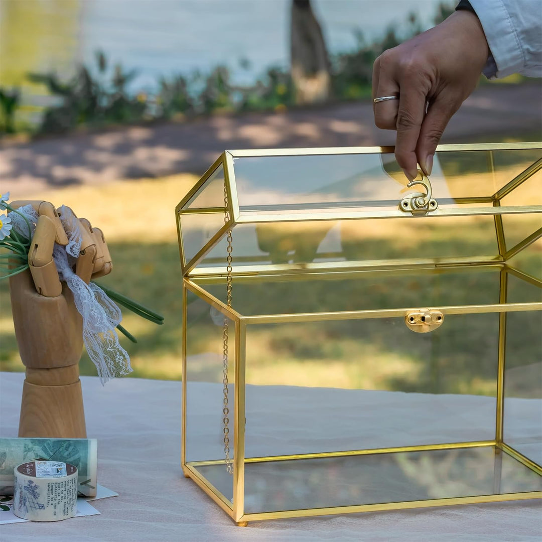 NCYP Glaskarten-Box, grosses geometrisches Terrarium, goldfarben, handgefertigt, Messing, Vintage, r