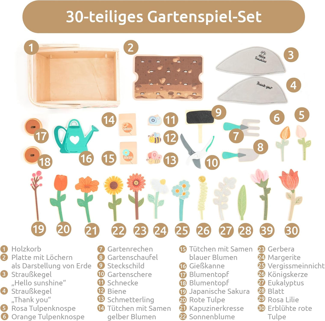 umu® Garten-Set aus Holz für Kinder mit Zubehör - Gartenspielzeug für Kinder, Gartengeräte-Set für M