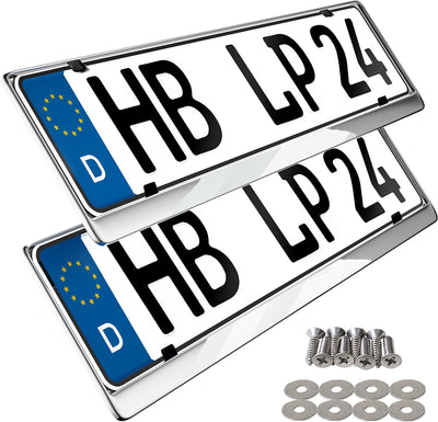 L & P Car Design 2 x Kennzeichenhalter in Edelstahl poliert - 100% Edelstahl -auch passend für gebog