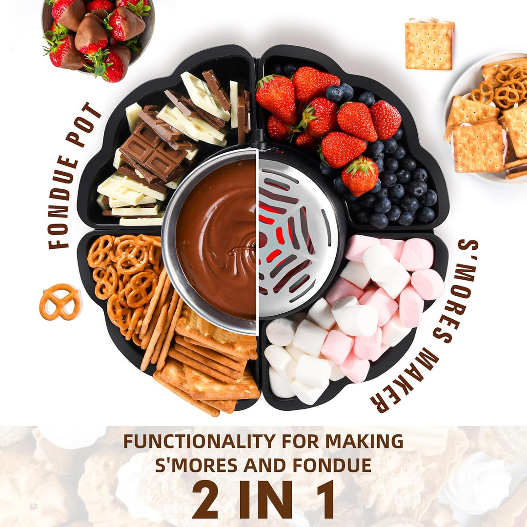 Schokoladenfondue, 2-in-1 Schokofondue Elektrisch & S’mores-Maker, Tischgerät für Innen mit 4 Röster