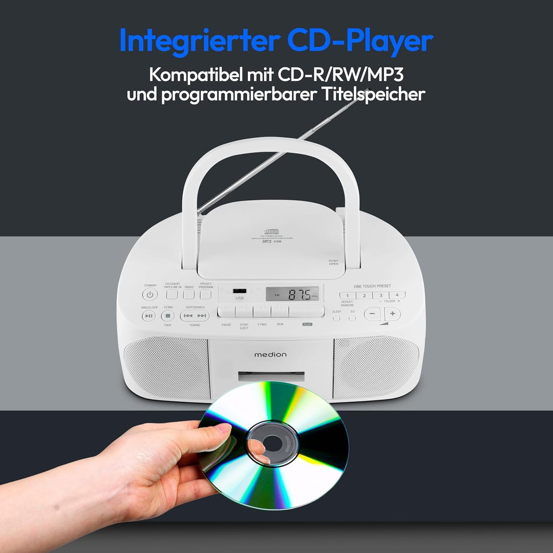 MEDION E65010 Stereoradio (CD-Player, Kassette, USB Anschluss, AUX Audioeingang, MP3-Widergabe. UKW