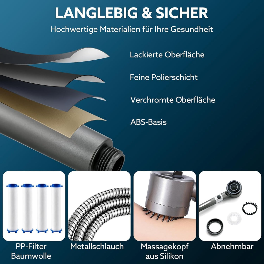 Duschkopf mit Filtera – Hochdruck Duschkopf aus Chrom mit 15-Stufen Wasserfilter, 4 Modi & Stopptast