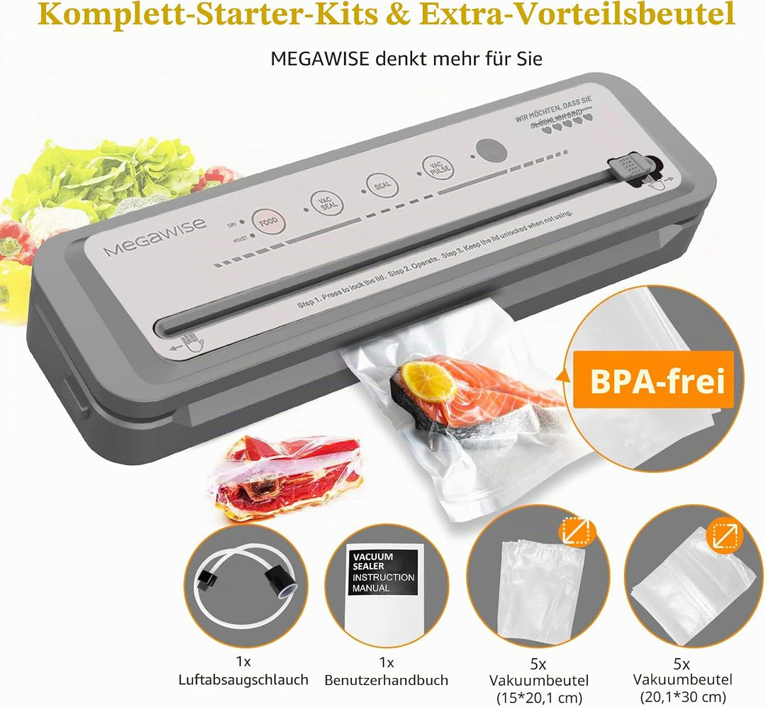 MegaWise Vakuumiergerät – Leistungsstarke 80 kPa Saugleistung, integrierter Schneider, Ein-Tasten-Be