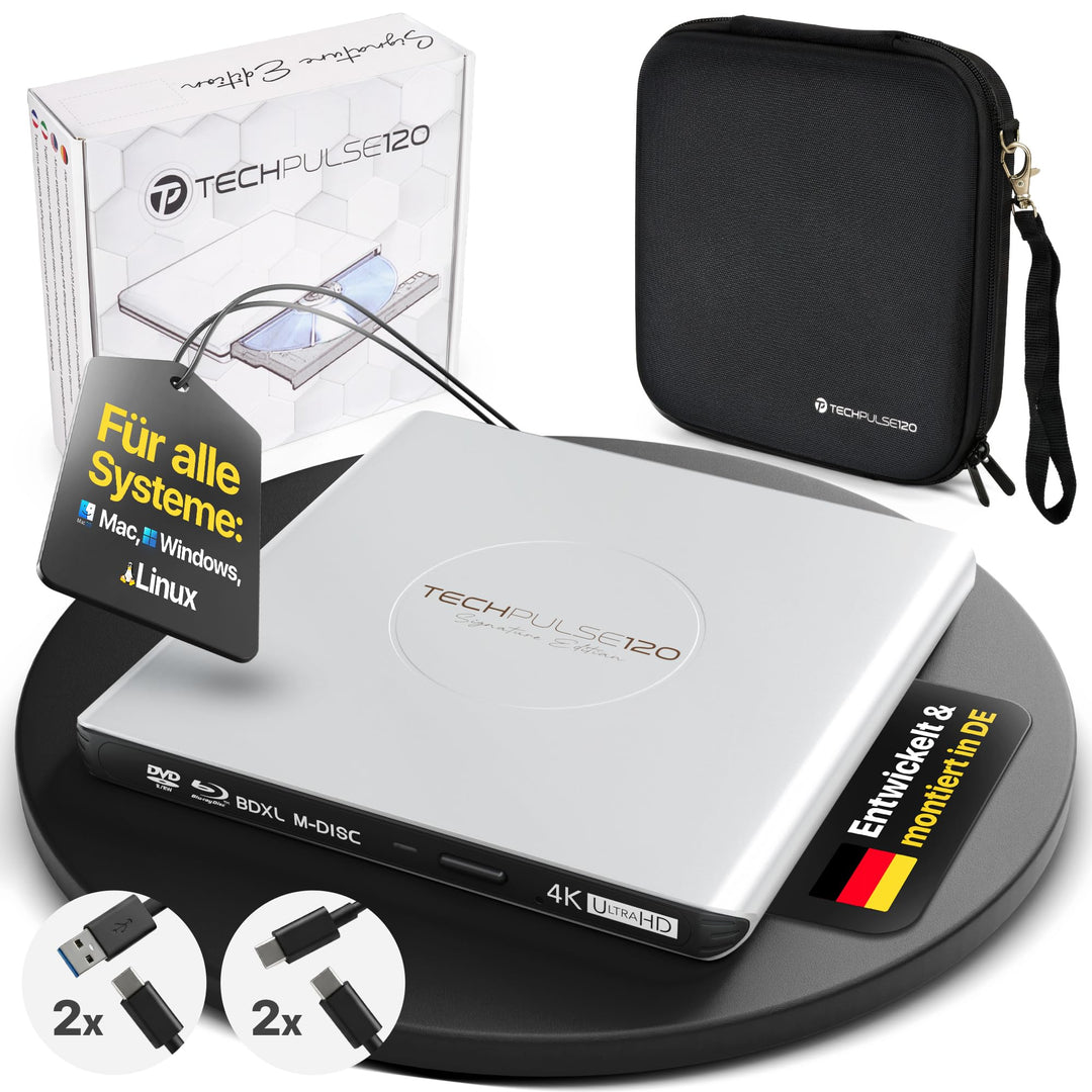 techPulse120 Externes USB 3.1 USB-C UHD 4k 3D M-DISC Blu-ray DVD CD HDR10 128GB Laufwerk Brenner Bur