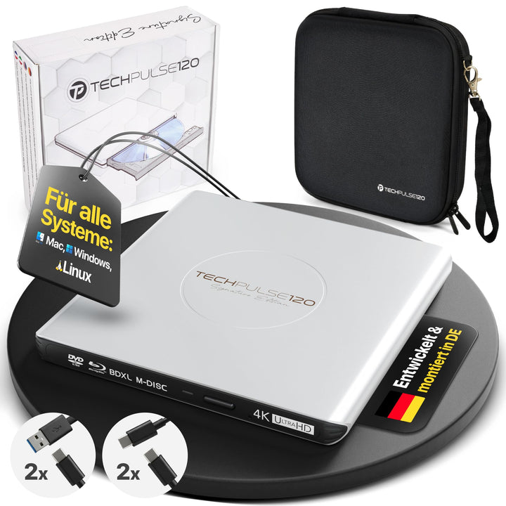 techPulse120 Externes USB 3.1 USB-C UHD 4k 3D M-DISC Blu-ray DVD CD HDR10 128GB Laufwerk Brenner Bur