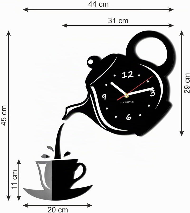 FLEXISTYLE Moderne Wanduhr für die Küche Tasse Und Kanne, 45 cm x 45 cm, 3D, leise, Design, Made in
