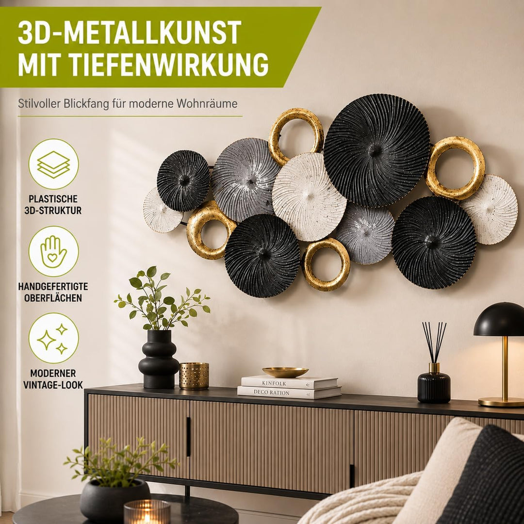 Kobolo Wandbild Wanddeko Metallbild 3D-Bild - SWIRL -weiss grau gold- ca 120x54 cm