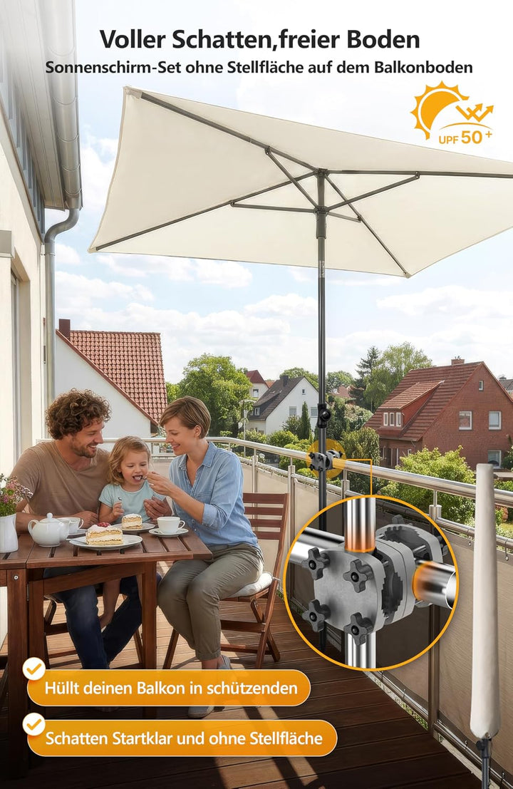4smile Sonnenschirm Balkon im Set – Sonnenschirm rechteckig 210×140 cm, UV 50+ Sonnenschutz Balkon,