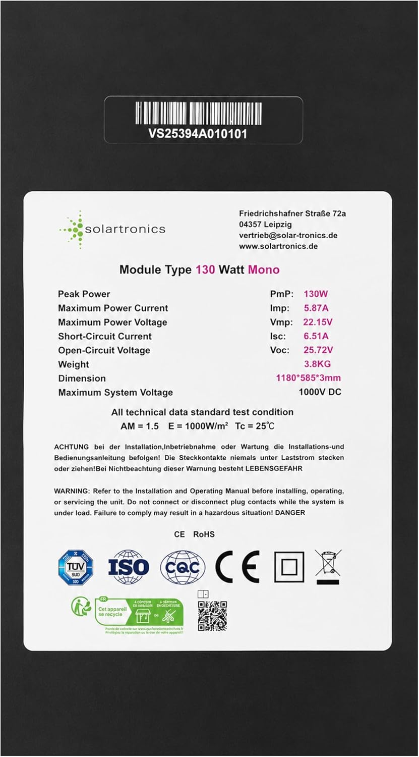 SOLARTRONICS Solarpanel 130W Monokristallin 18-Busbar-Technologie 1180 × 585 × 3 mm 3,8 kg 6,51 A 13