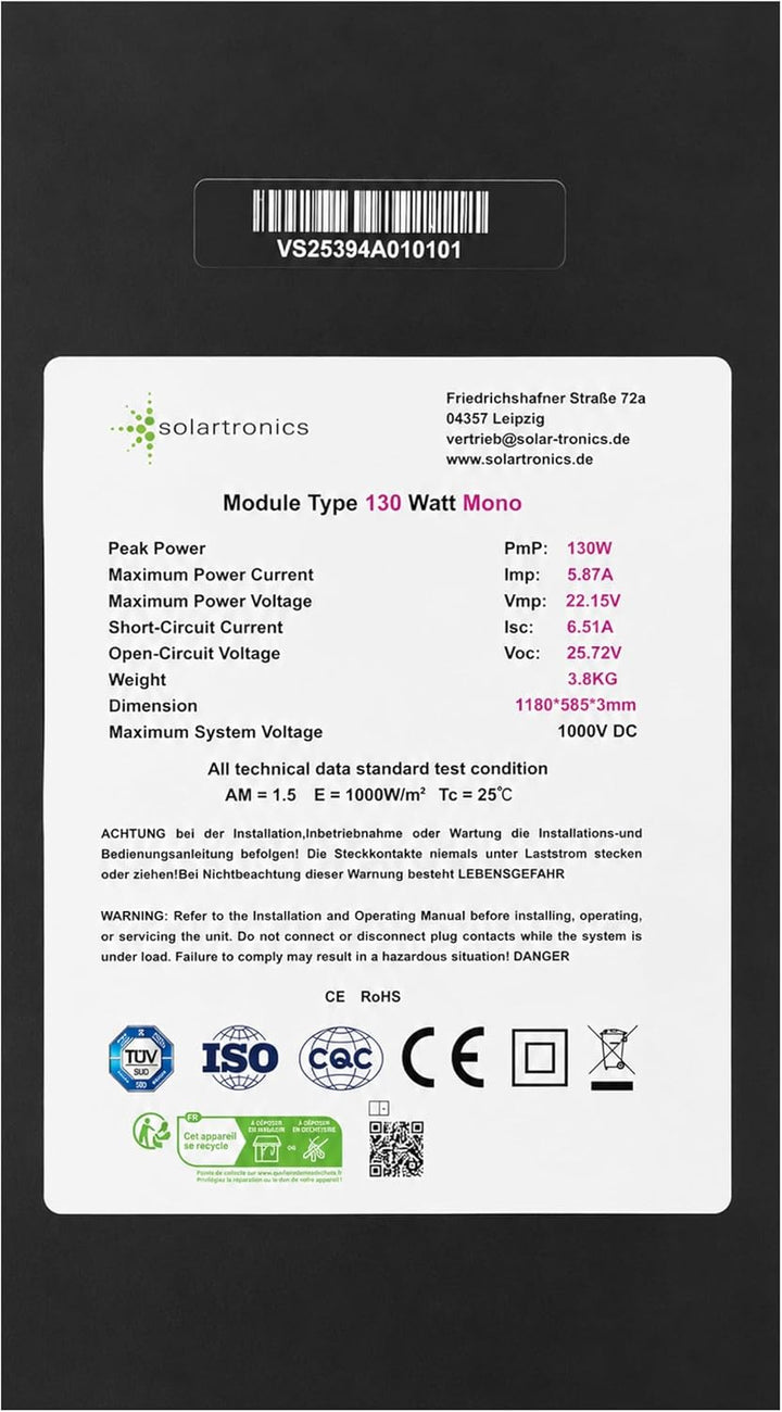 SOLARTRONICS Solarpanel 130W Monokristallin 18-Busbar-Technologie 1180 × 585 × 3 mm 3,8 kg 6,51 A 13