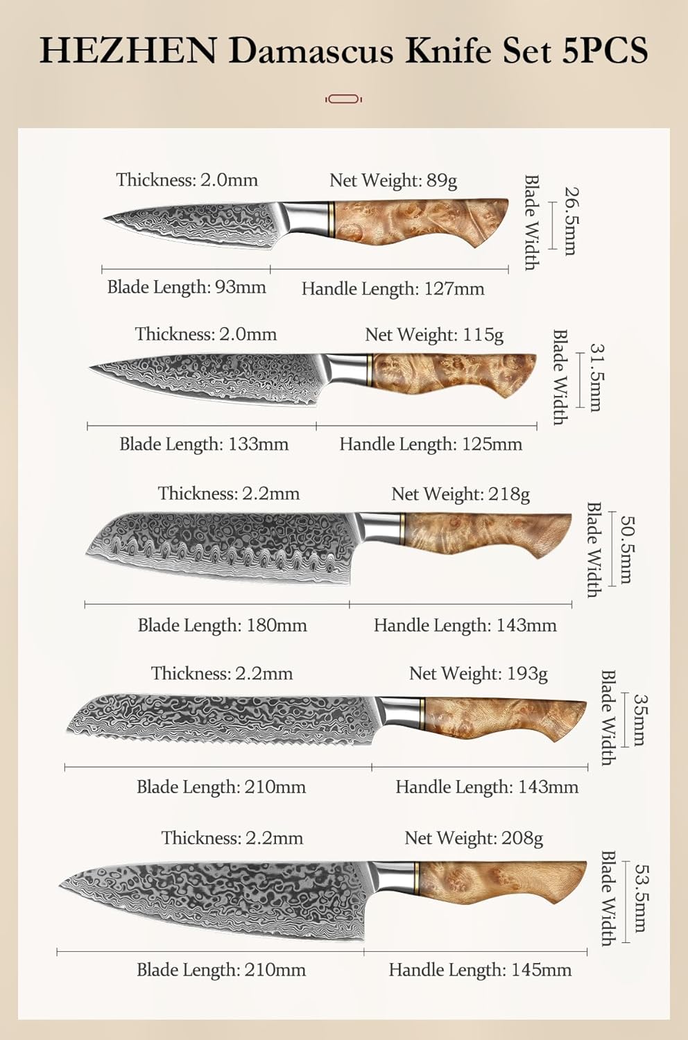 HEZHEN Damast Messer Set 5PCS, Japanischen Stil Damaskus Stahl Küchenmesser Santoku, Brot Universalm