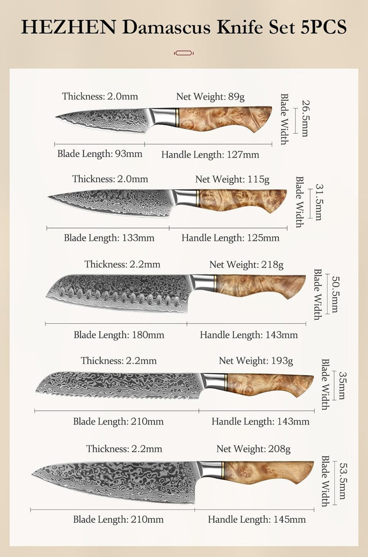 HEZHEN Damast Messer Set 5PCS, Japanischen Stil Damaskus Stahl Küchenmesser Santoku, Brot Universalm