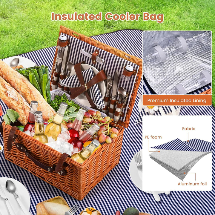 Premium Picknickkorb-Set für 4 Personen, Weidenkorb mit Kühlfach, Wasserdichter Decke, Tellern, Gläs