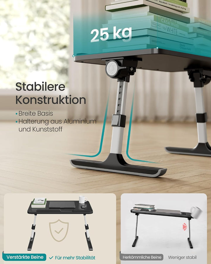 SONGMICS Laptoptisch, Betttisch mit Schublade, aus Holzspanplatte, Aluminiumlegierung und ABS-Kunsts