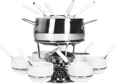 Ribelli Fondue Set 28-teilig Edelstahl 6X Gabel, Löffel, Teller, Schälchen Käsefondue Fleischfondue