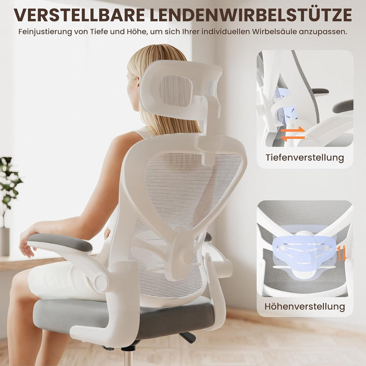 ALAULM Ergonomischer Bürostuhl mit Verstellbarer Lendenwirbelstütze und um 90° hochklappbaren Armleh