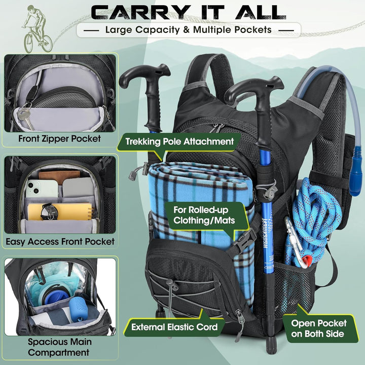 RAINSMORE Trinkrucksack mit Trinkblase 2L Leichter Isolierter 18L Wanderrucksack mit Regenschutz für