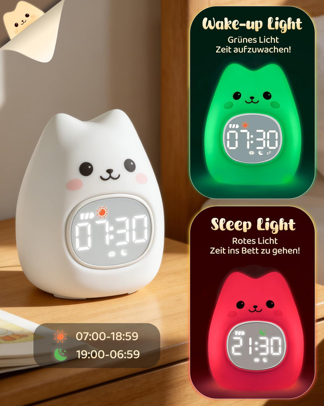 Yiliaw Katzen Kinderwecker mit Nachtlicht – Schlaftrainer & Aufwachuhr, wiederaufladbare Silikonlamp