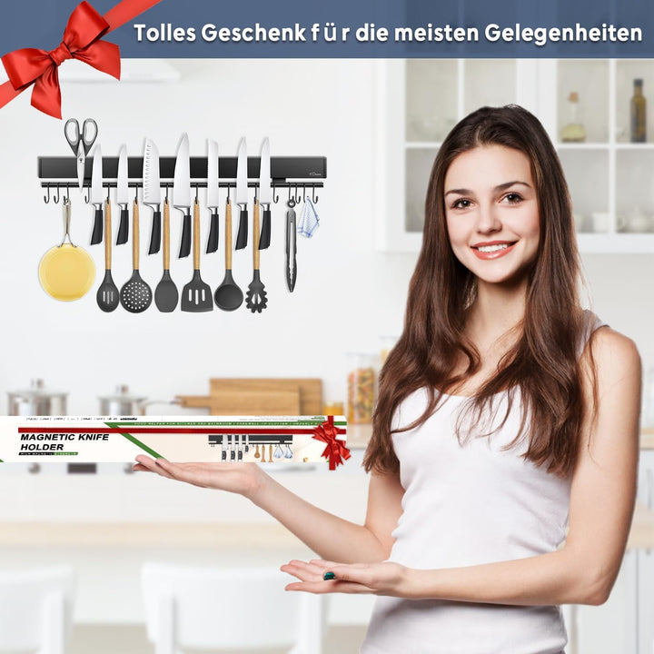 Dmore 59 cm Magnetleiste Messer mit 15 Haken, schwarzer Messerhalter magnetisch mit Hakenleiste, ext