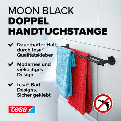 tesa MOON BLACK Doppel-Handtuchstange, matt schwarz - Badetuchhalter mit 2 Stangen - zur Wandbefesti