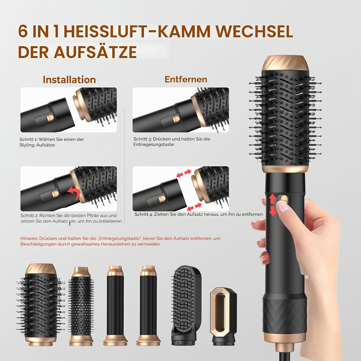 UKLISS Hairstyler 6 in 1 Airbrush Haarstyler | Pro Air Styler Set - 1000W Rundbürstenföhn, Air Curle
