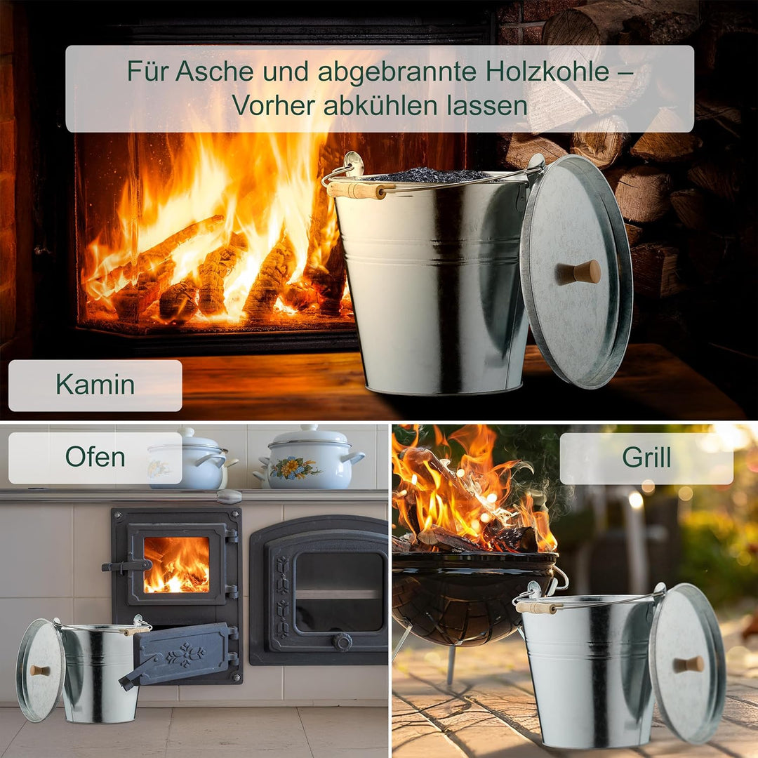Relaxdays Ascheeimer mit Deckel, 12,5 Liter, Henkel mit Holzgriff, für Kohle & Asche, Kamin, Stahl A
