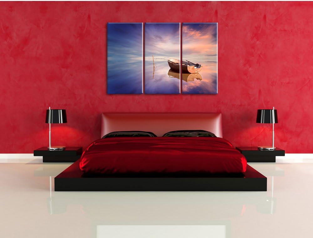 Pixxprint Einsames Boot auf See als Leinwandbild | Grösse: 3 Teilig (120x80) | Wandbild| Kunstdruck