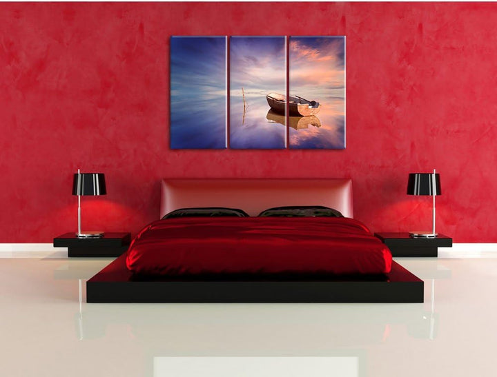 Pixxprint Einsames Boot auf See als Leinwandbild | Grösse: 3 Teilig (120x80) | Wandbild| Kunstdruck