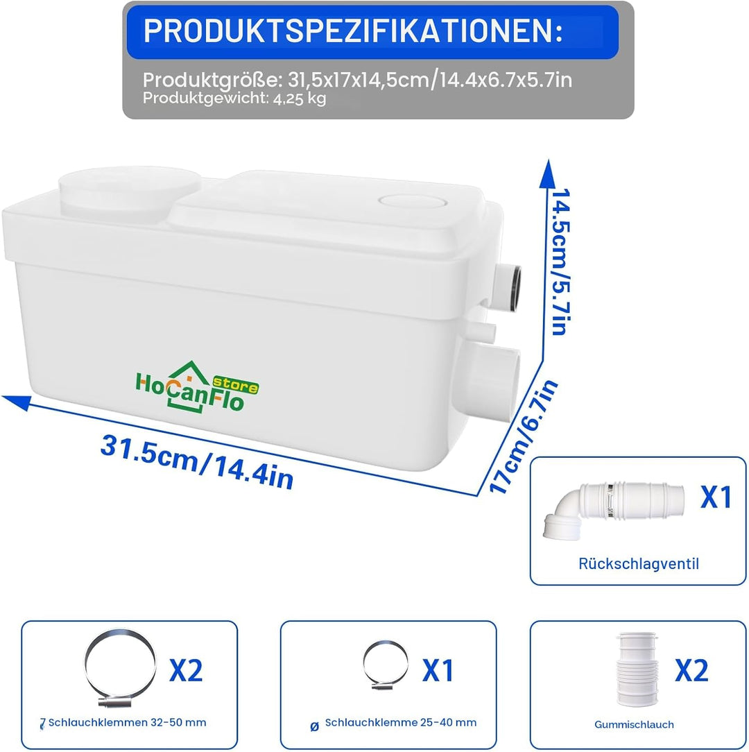 HOCANFLO 400W Kleinhebeanlage Pumpe, Hebeanlage leise Kupfer Wicklung Draht Motor Abwasser Dusche Li