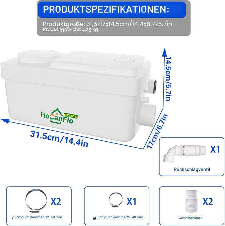 HOCANFLO 400W Kleinhebeanlage Pumpe, Hebeanlage leise Kupfer Wicklung Draht Motor Abwasser Dusche Li