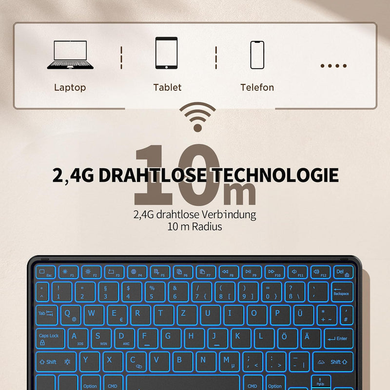 CACOE Tastatur mit Touchpad, QWERTZ Tastatur Kabellose mit 7 Farben Beleuchtete kompatibel mit iPad,