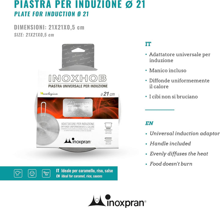 Inoxpran - Universal-Induktionsplatte, Edelstahl, Kochutensilien, 21x21x0,5 cm, Platte mit Griff für
